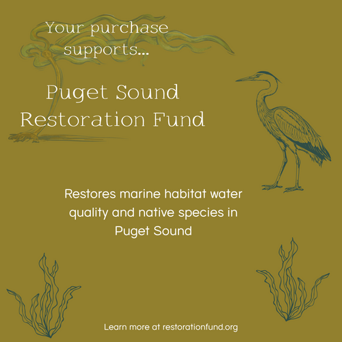 Puget Sound Restoration Fund advertisement with a heron illustration on a green background
