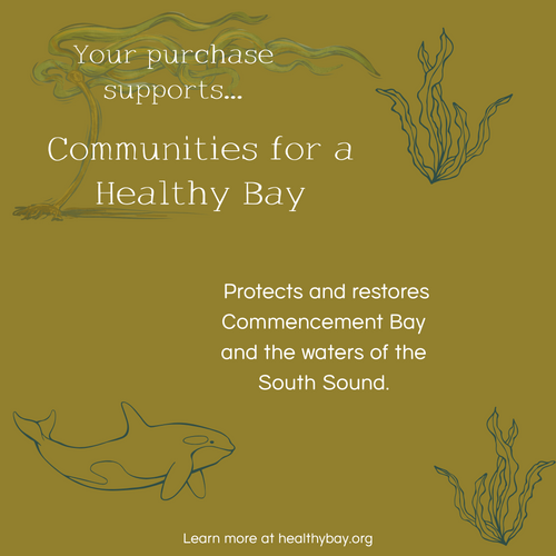 Olive background with orca and plant illustrations promoting Communities for a Healthy Bay charity.