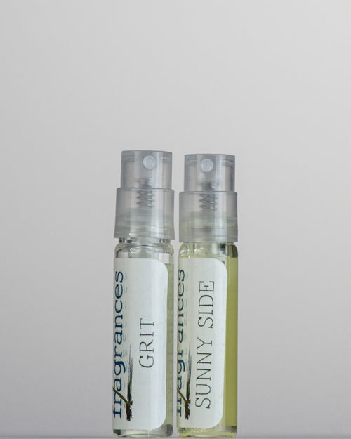 Sound Fragrances 2 ml perfume samples Grit and Sunny Side standing on a grey background
