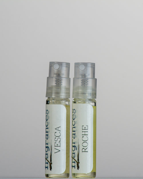 Sound Fragrances 2 ml perfume samples Vesca and Roche standing on a grey background