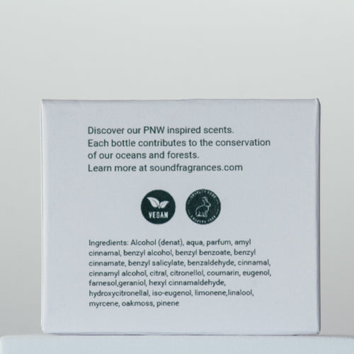 Closed Sound Fragrances sample perfume box on a light gray background, back view