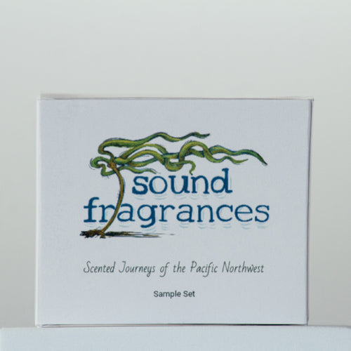 Closed Sound Fragrances sample perfume box on a light gray background, front view
