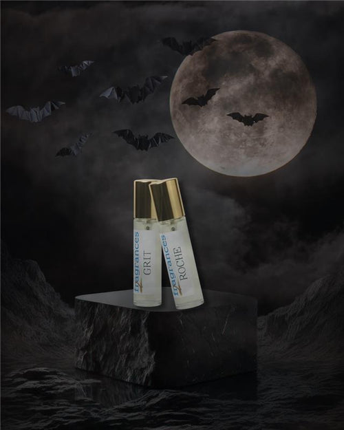 A bottle of Grit and a bottle of Roche on a spooky background