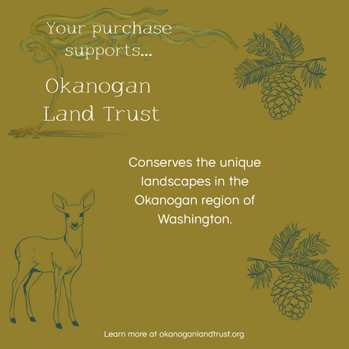 Promotional graphic for Okanogan Land Trust with a deer illustration and text on a green background.