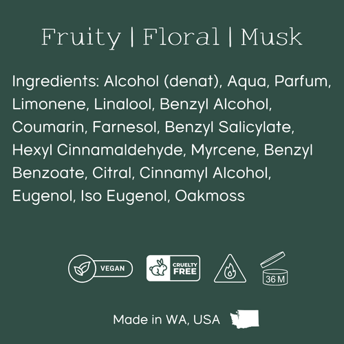 List of ingredients with labels for vegan, cruelty-free, and made in WA, USA on a green background.