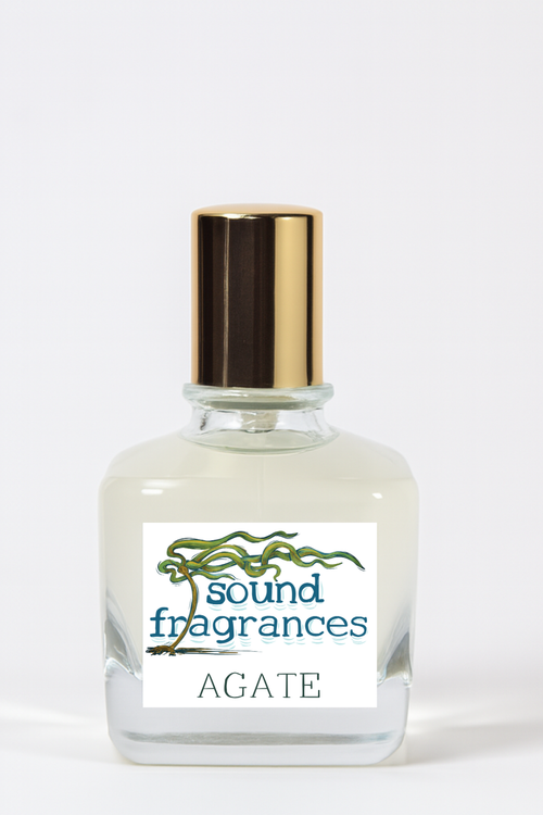 Full-size bottle of Sound Fragrances Agate eau de parfum, inspired by the Pacific Northwest coast