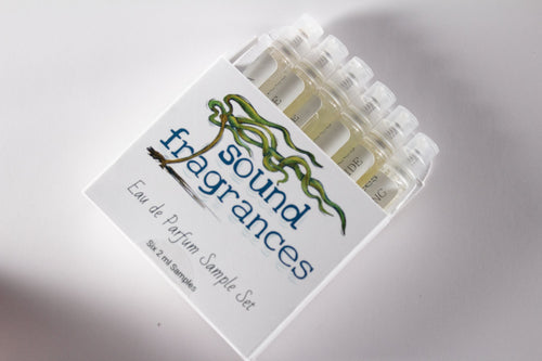 Sound Fragrances Eau de Parfum sample set with six 2ml perfume vials in white packaging