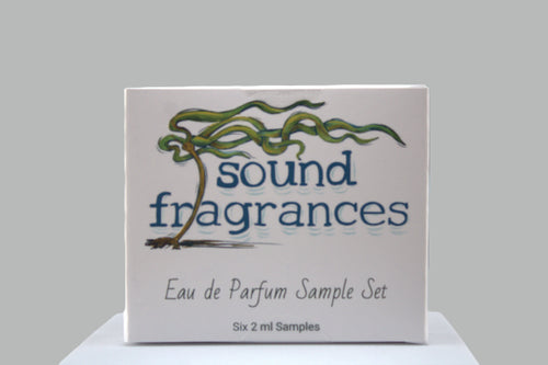 Front view of Sound Fragrances Eau de Parfum sample set box with logo and design