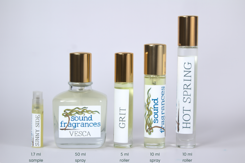 All available Sound Fragrances perfume bottle sizes including full-size eau de parfum, travel spray, and sample vials